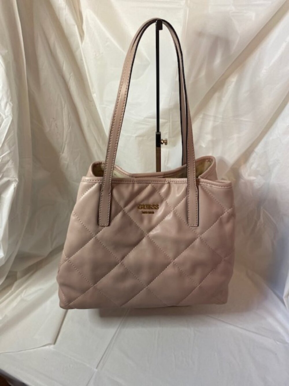 GUESS Vikky Quilted Tote Shoulder Bag – Nude / Blush Pink Faux Leather